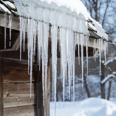 Icicles hanging from snowy wooden roof