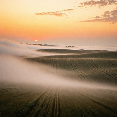 Sunrise over Foggy Farm Fields