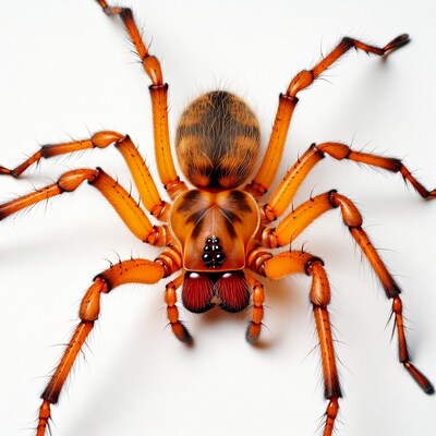 Orange hairy spider on white background
