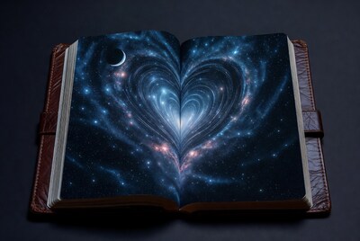 Open book with cosmic heart galaxy