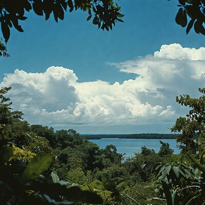 Tropical Lake with Clouds and Jungle