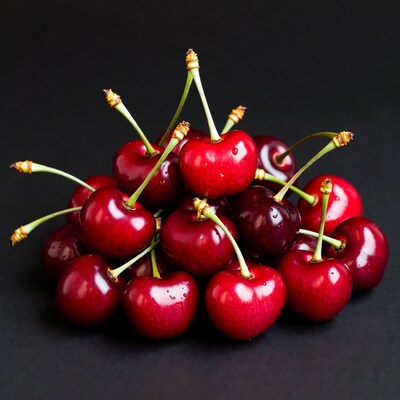 Fresh Cherries Piled on Black Background