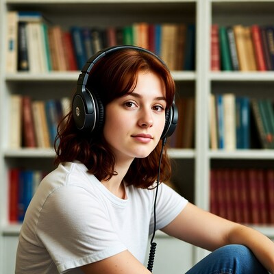 Redhead girl wearing headphones in library