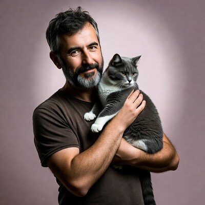 Man holding gray cat