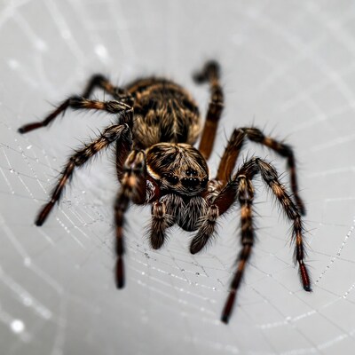 Wolf spider on dewy web