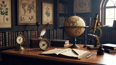 Vintage Study Desk with Globe Microscope