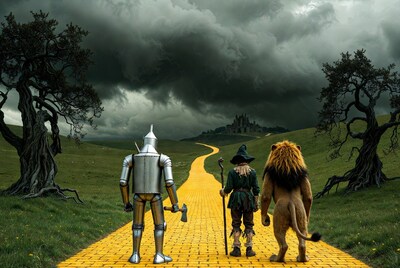 Tin Man Scarecrow Lion on yellow brick road