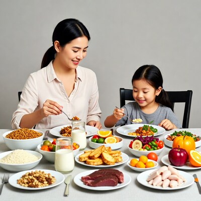 Asian mother and daughter eating healthy meal