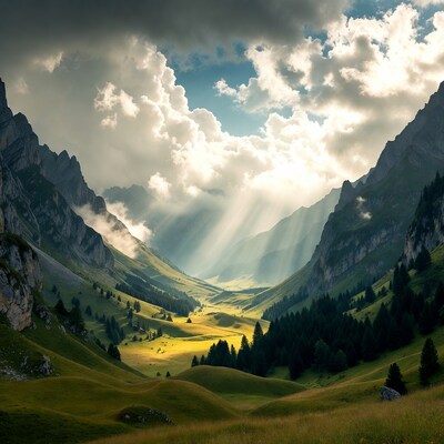 Mountain Valley with Sun Rays