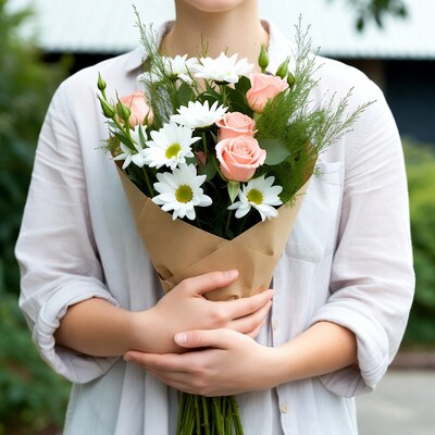Woman holding pink white flower bouquet