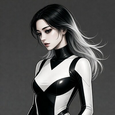 Anime woman in black white bodysuit