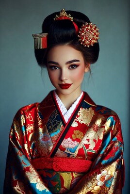 Asian woman in red kimono