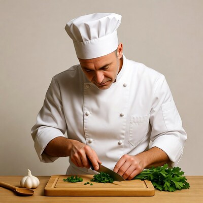 Chef chopping parsley on cutting board