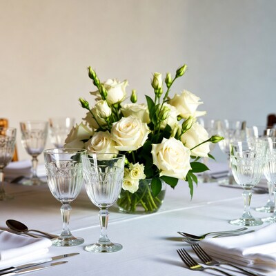 White Roses in Glass Vase on Table