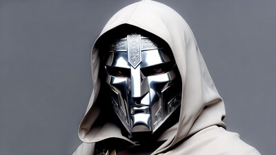 Man in silver MF Doom mask with hood