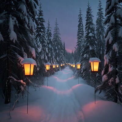 Snowy Forest Path with Lanterns