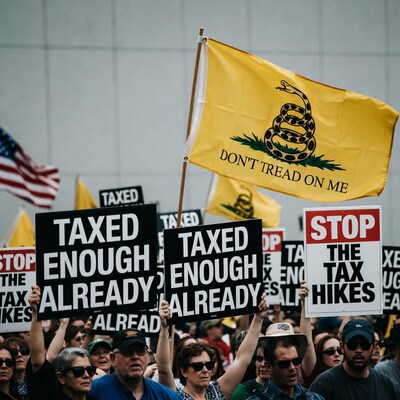 Crowd protesting taxes with Gadsden flags