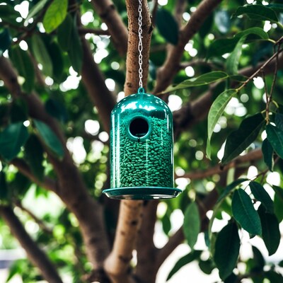 Green bird feeder hanging from tree