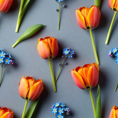 Orange Tulips and Blue Forget-Me-Nots