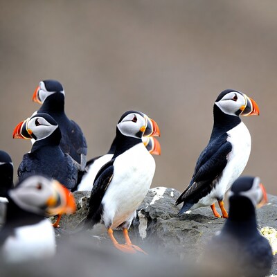 Group of puffins on rocky cliff