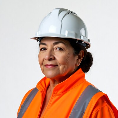Latina woman in hard hat and hi-vis vest