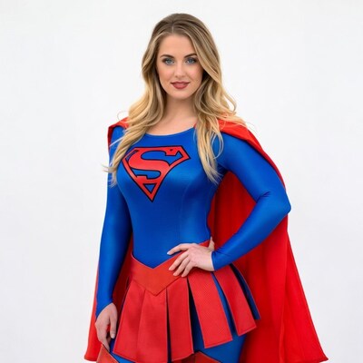 Blonde woman in Supergirl costume
