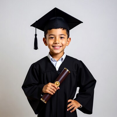 Asian boy in graduation gown with diploma