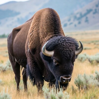 Bison grazing in mountain meadow