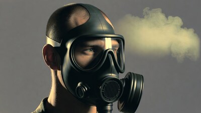 Man wearing gas mask with smoke