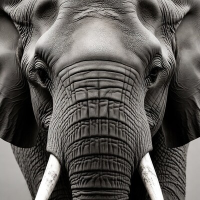 Close-up elephant face with tusks
