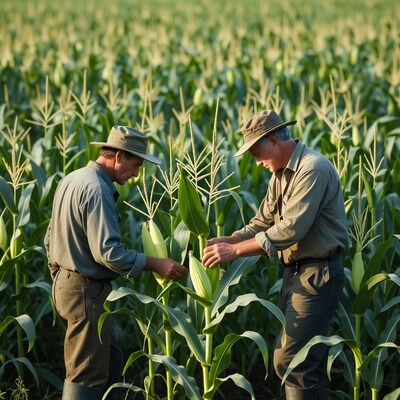 Two farmers harvesting corn in field