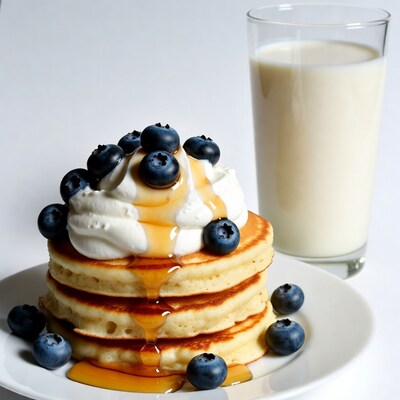 Pancakes with blueberries, whipped cream, syrup