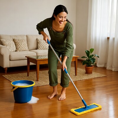 Asian woman mopping floor in overalls