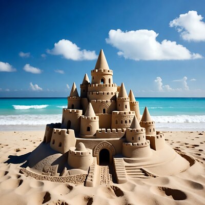 Sandcastle on Beach by Ocean