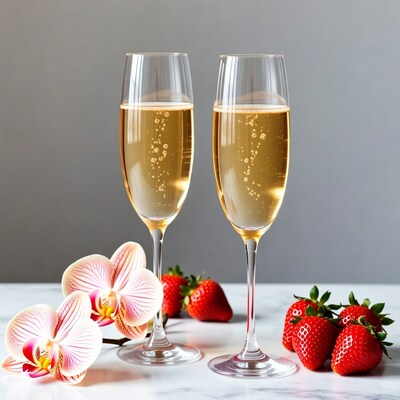 Two Champagne Glasses with Orchids Strawberries
