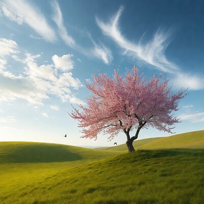 Pink Cherry Blossom Tree on Green Hills