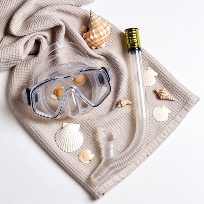 Snorkel Mask and Seashells on Towel