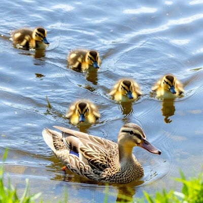 Mother duck with ducklings swimming
