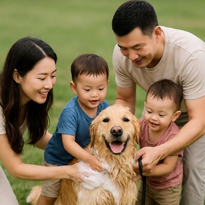 Asian family washing golden retriever