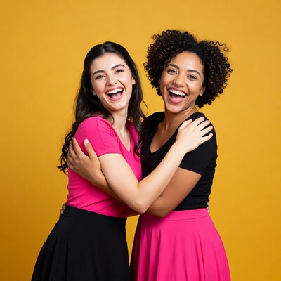 Two women hugging and laughing