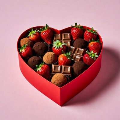 Strawberries and Chocolates in Heart Box