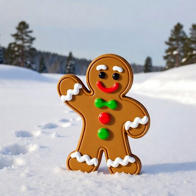 Gingerbread man waving in snowy landscape