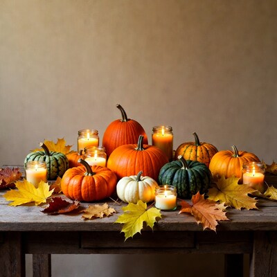 Pumpkins and Candles on Wooden Table