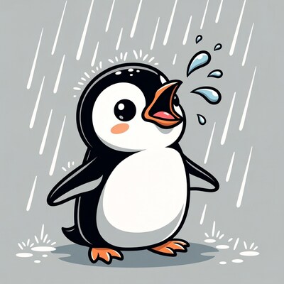 Cute penguin singing in rain