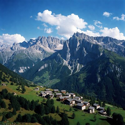 Alpine village amid jagged mountains