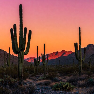 Saguaro Cacti at Sunset with Mountains