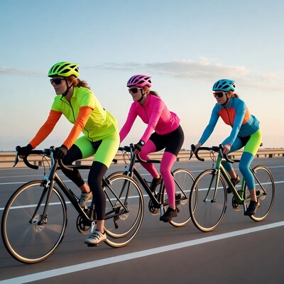 Three women cycling on bridge at sunset