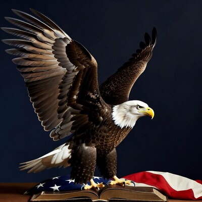 Bald Eagle on Open Bible and Flag
