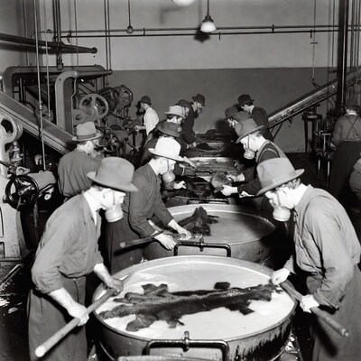 Workers Processing Fur Hides in Factory