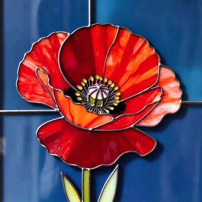 Red Poppy Stained Glass on Blue Background